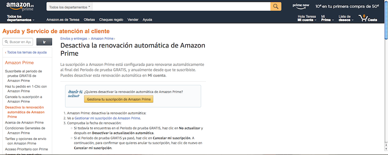 Desactivar renovación Amazon Prime