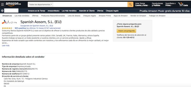 Información sobre un vendedor externo en Amazon