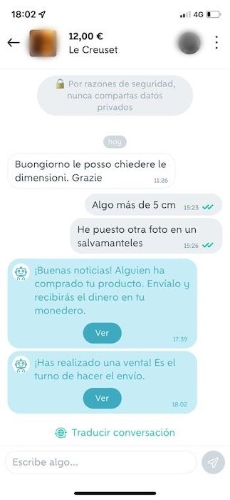 Puedes traducir la conversación con el comprador de Wallapop